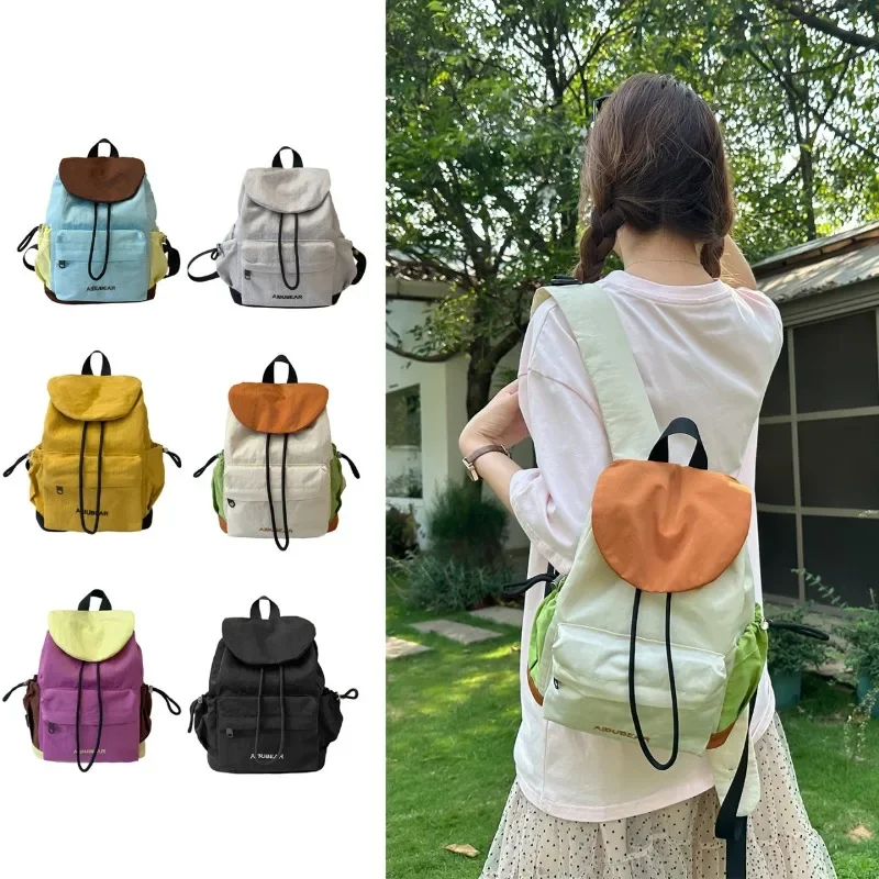 Outdoor fashion drawstring backpack Korean light milk green warm brown contrasting backpack vitality girl style ins schoolbag