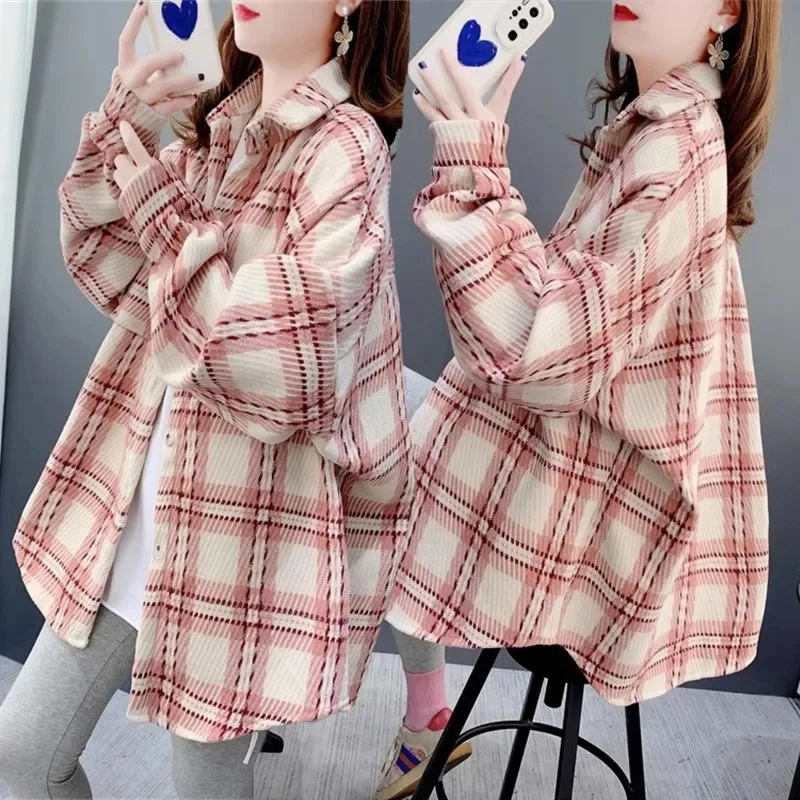 ربيع الخريف رقيقة الرملي منقوشة قميص المرأة 2025 جديد حجم كبير معطف تصميم الشعور ملابس خارجية الإناث ملابس خارجية فضفاضة المد #2