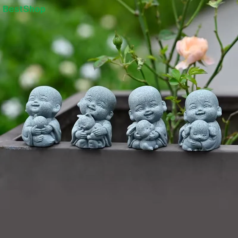 ♫Embracing Animal Monk Statue,Sandstone Finish Zen Baby Buddha Figurine,Mini Spiritual Decor for Home,Office & Garden
