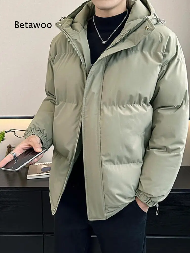 Men Hooded Puffer Jacket Full Zip Snap Button Outerwear Elastic Cuff Adjustable Hood Loose Warm Short Winter Padded Coat