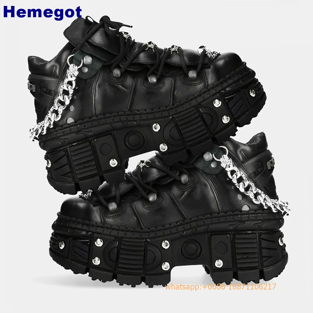 Tank Sole Autumn New Street Style Punk Rock Lace Up Pumps Black Fashion Women Motorcycle Boots