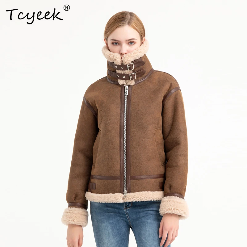 Tcyeek Genuine Sheepskin Autumn Winter High End Trendy Short Square Collar Women's Wool Shearing Fur Coat Fourrures Femme