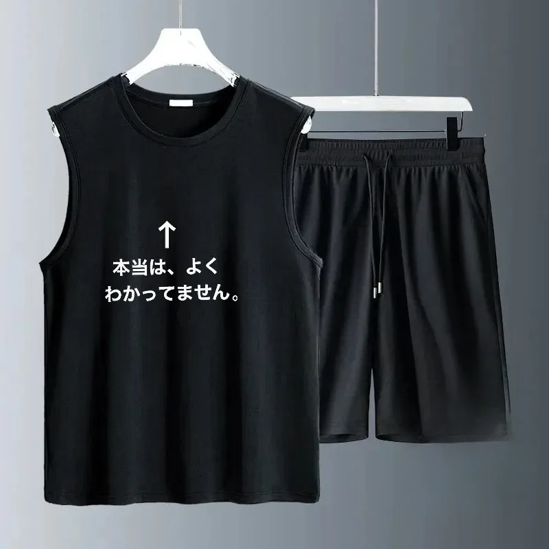 

Новинка 2023 года, летние мужские комплекты, большие футболки без рукавов + шорты, костюм, брюки, спортивный жилет, комплект из двух предметов, спортивная спортивная одежда для спортзала, топ