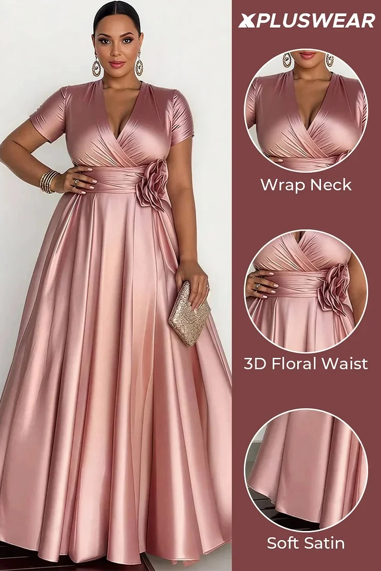 Women's Plus Size Satin Vestido Madrinha Casamento Wrap V Neck Short Sleeve 3D Floral Maxi Formal Evening Wedding Guest Gown