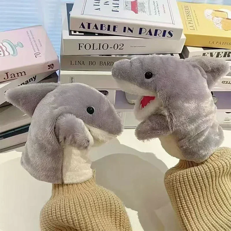 Brinquedos de pelúcia animais de pelúcia tubarão cinza mão dedo história fantoche bonito bonecas educativos brinquedos do bebê simulado tubarão crianças presente