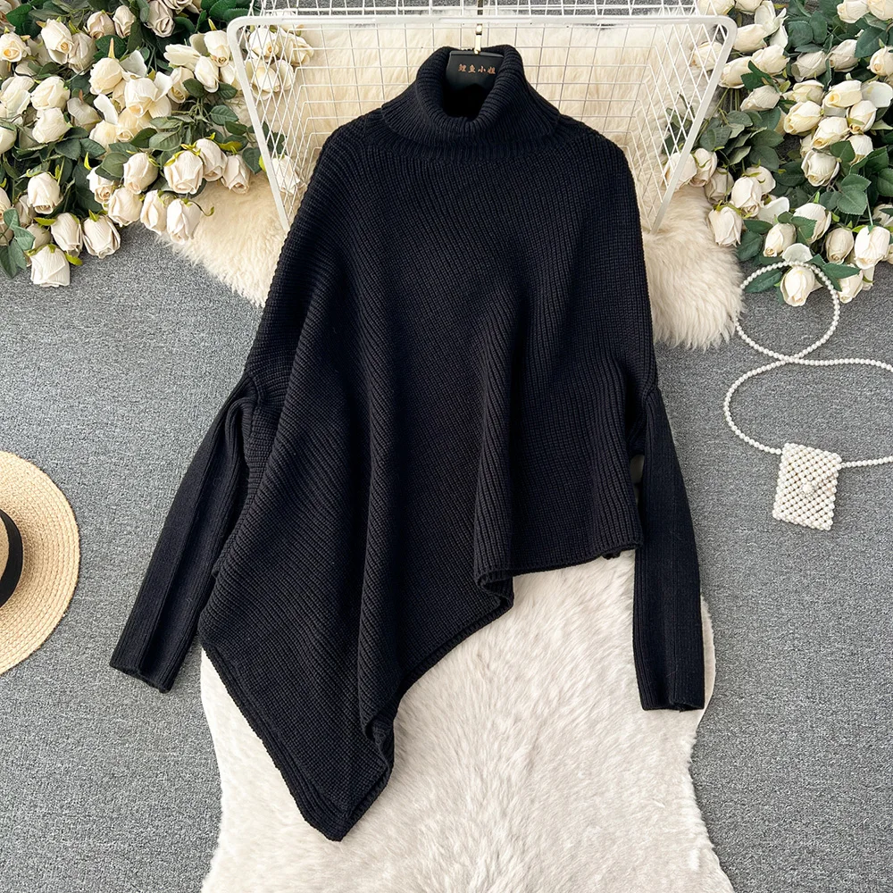 Croysier Women Sweaters Elegant Turtleneck Long Sleeve Knit Sweater Streetwear Fashion Asymmetric Hem Pullover Sweater Jumper