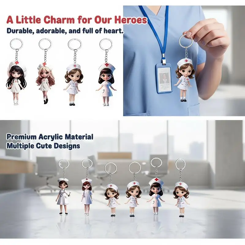 1 Stück Niedlicher Figuren-Schlüsselanhänger, 2D Flacher Acryl-Cartoon Arzt/Krankenschwester Schlüsselanhänger, Rucksack-Anhänger für Mitarbeiter und Paare – Detail 3