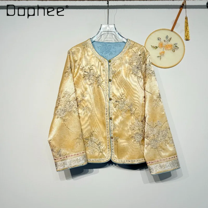 

New Chinese-style High-end Satin Retro Embroidered Jacket Spring Round Neck Contrasting Color Light Luxury Loose Casual Jackets
