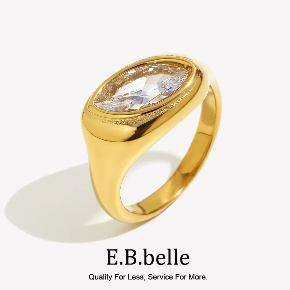 E.B.belle 18K Gold Plated Luxury Horse Eye Clear Zircon Ring Stainless Steel Party Daily Life Women Shiny Finger Jewelry