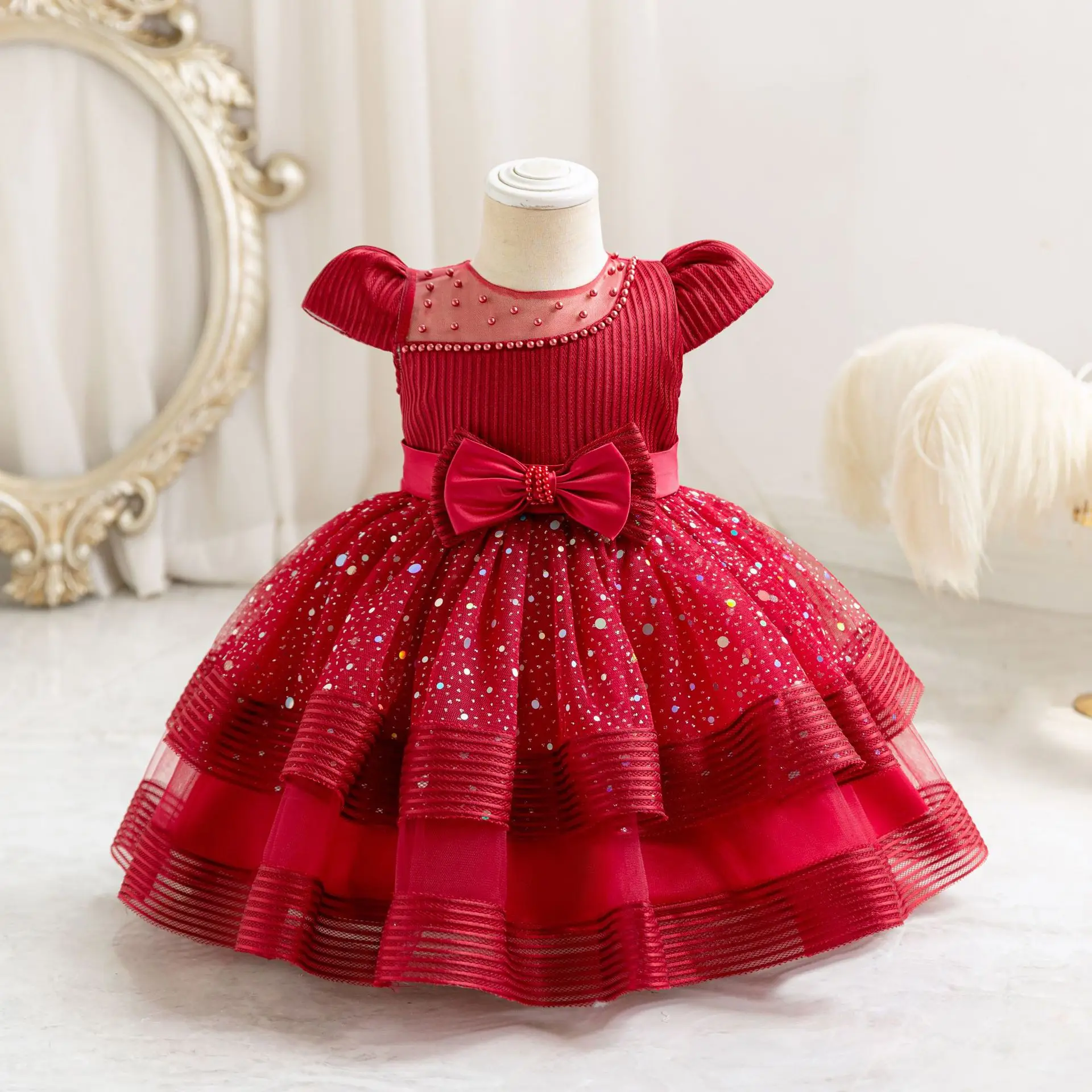 

Girls Party Dresses Luxury Pearl Princess Dress 1st Birthday Party Infant Dress Gown Wedding White Elegant Dress For Girl