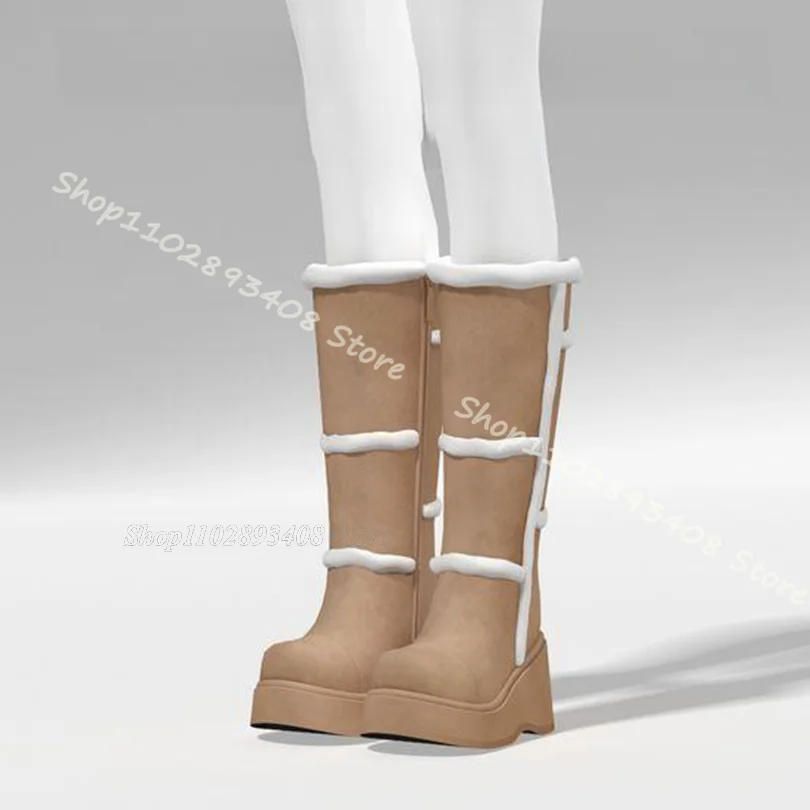 

Brown Fur Decor Platform Boots Side Zipper Round Toe Muffin Bottom Punk Style Wedges Heels Party Boots 2024 Zapatos Para Mujere