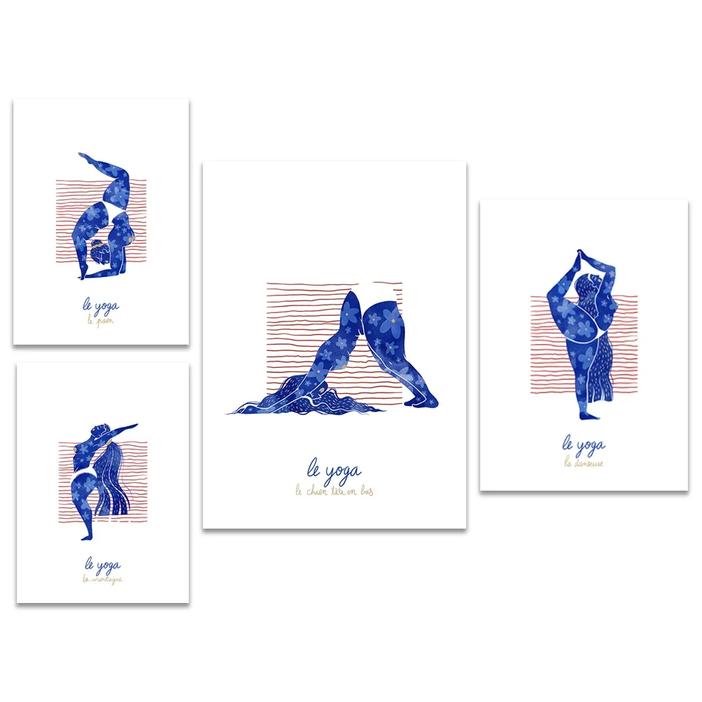 

Yoga series minimalist poster, woman, body, blue, illustration, flower, abstract feminist decorative image