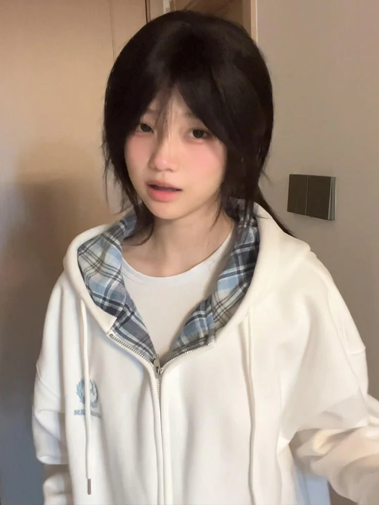 

Thiened Plaid Hooded Cardigan Sweater Women's Autumn Winter plus Size Lazy Sle Coat Embroidered Long Sve Zipper Closure