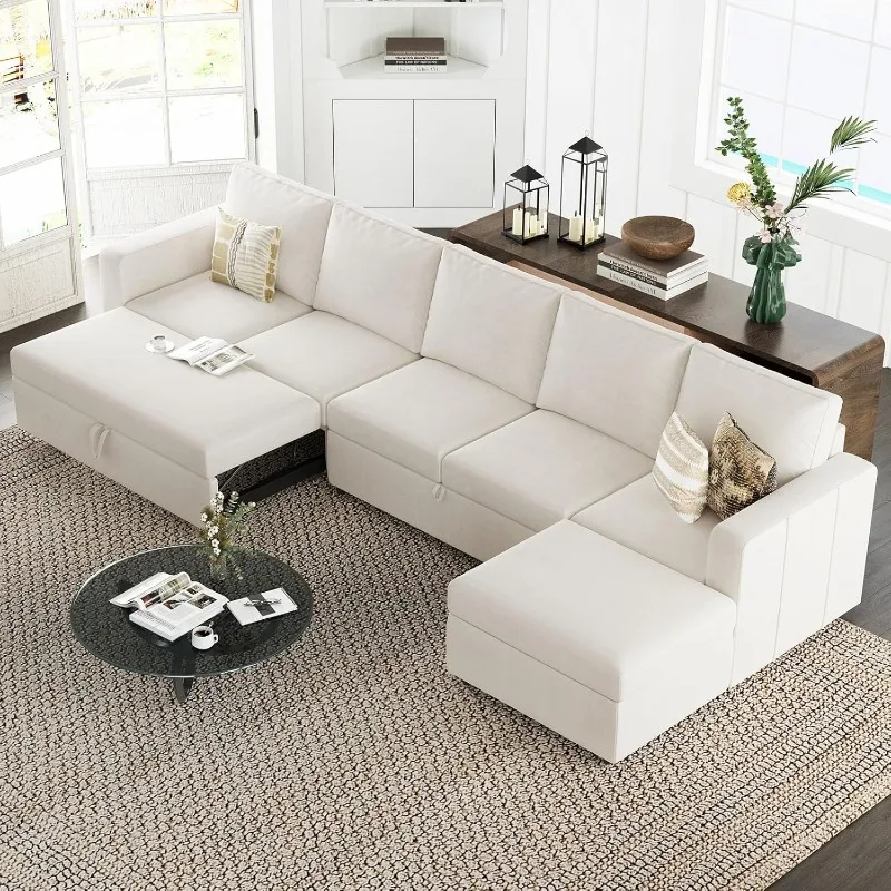 

Модульный секционный диван с диваном-кроватью, выдвижная кровать, L-образный секционный диван 133 дюйма с сиденьем для хранения