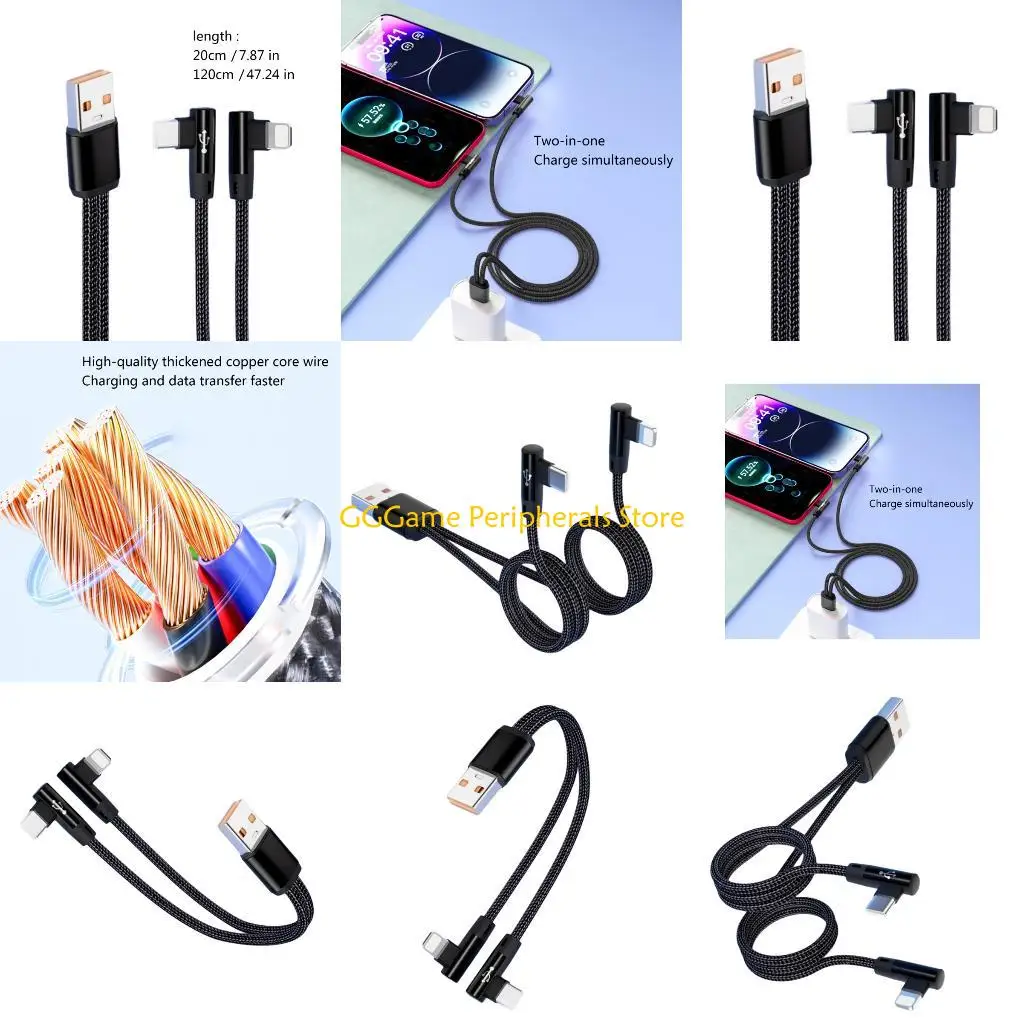 

U55B Angled USB C To 8Pin Chargers 6A Fast speed Data Syncs Cable Black Version