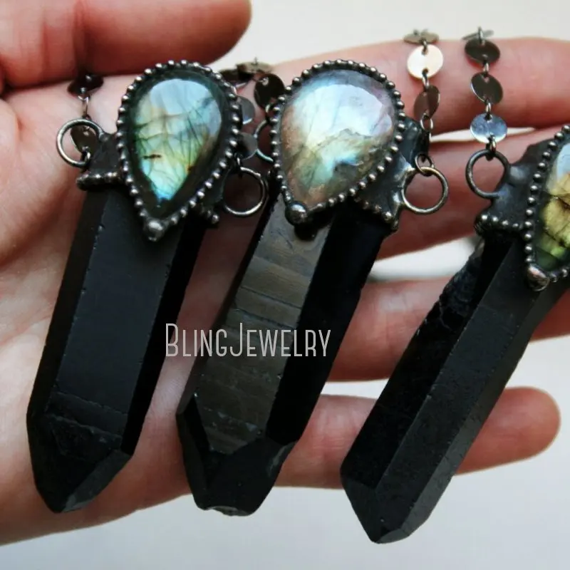 Smoky Quartz Rainbow Labradorite Necklace Black Crystal Stone Talisman Halloween Statement Y2K Women Accessoriy Goth Emo Jewelry