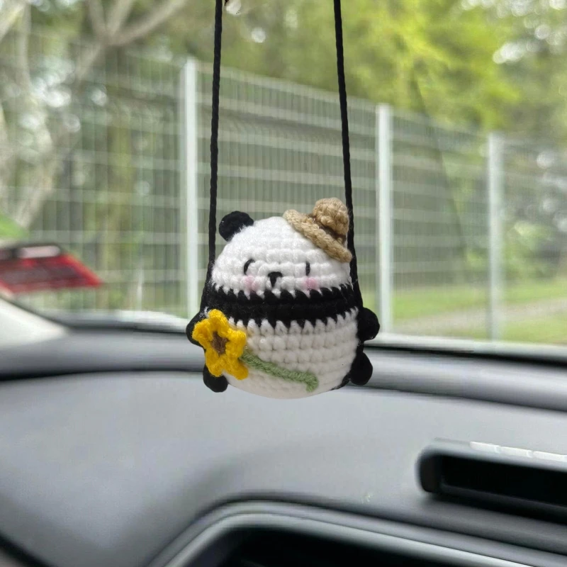 

Crochet Sunflower Panda Ornament,Cute Swinging Panda Car Interior Rear View Mirror Decor Hanging Accessories & Men Women Gifts