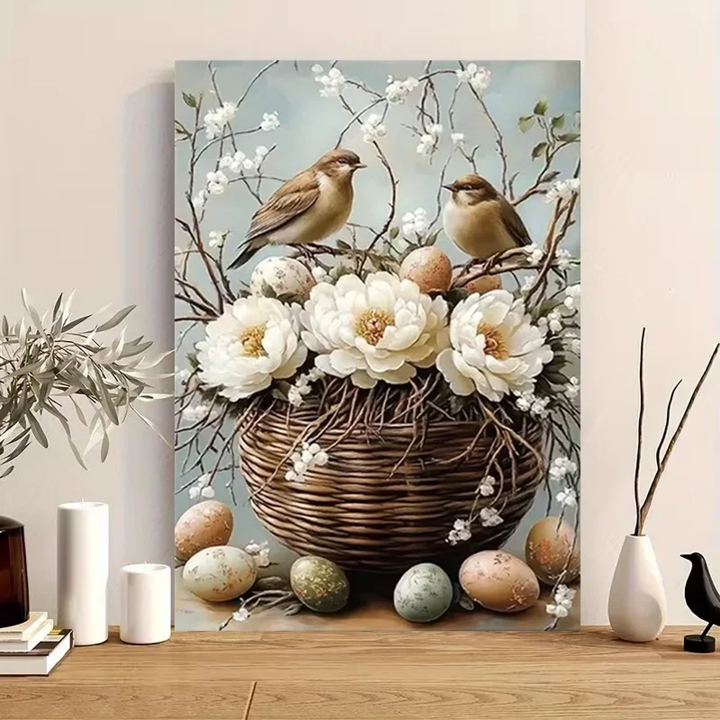 Multiple sizes 1pc frameless Canvas Painting,Nature Flowers Birds and Easter Eggs Poster and Prints Canvas Painting Wall Art Pic