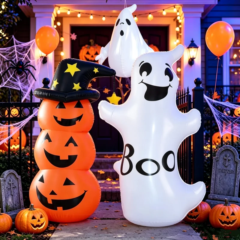 LUSQI Halloween stehend aufblasbarer gruseliger aufblasbarer Kürbisgeist, winddichtes Festival-Thema, für drinnen und draußen, Gartendekoration – Detail 1