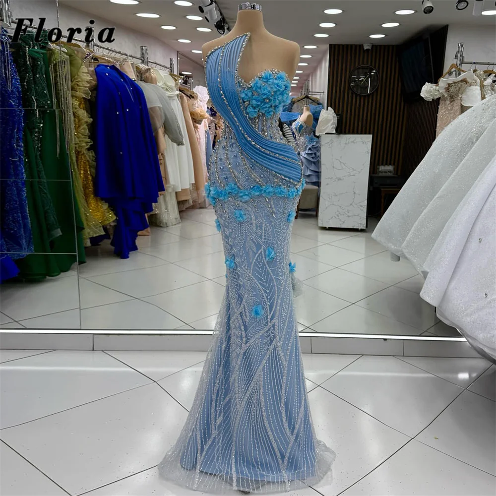

New Elegant Light Blue Beading Evening Dresses Sleeves Formal Prom Dress Wedding Guest Gowns Party Robes De Soirée Customized