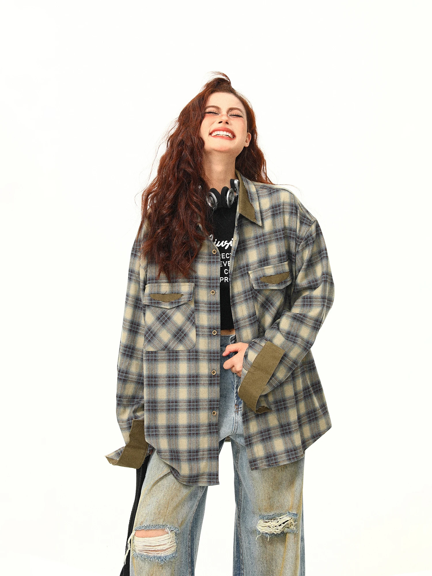 Long-sleeved shirt women's Americanretro splicing contrasting color design sense springautumn plaid jacket single-breasted loose