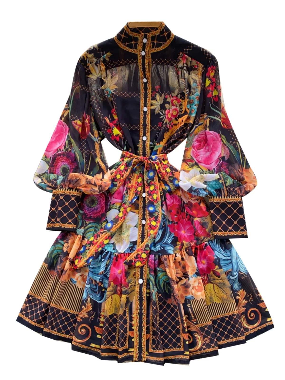 Gonna a trapezio a vita alta snellente Gonna coreana Sle lunga Sve Midi Dr con lanterna Sves Colletto rialzato Orlo in pizzo pieghettato Raso...