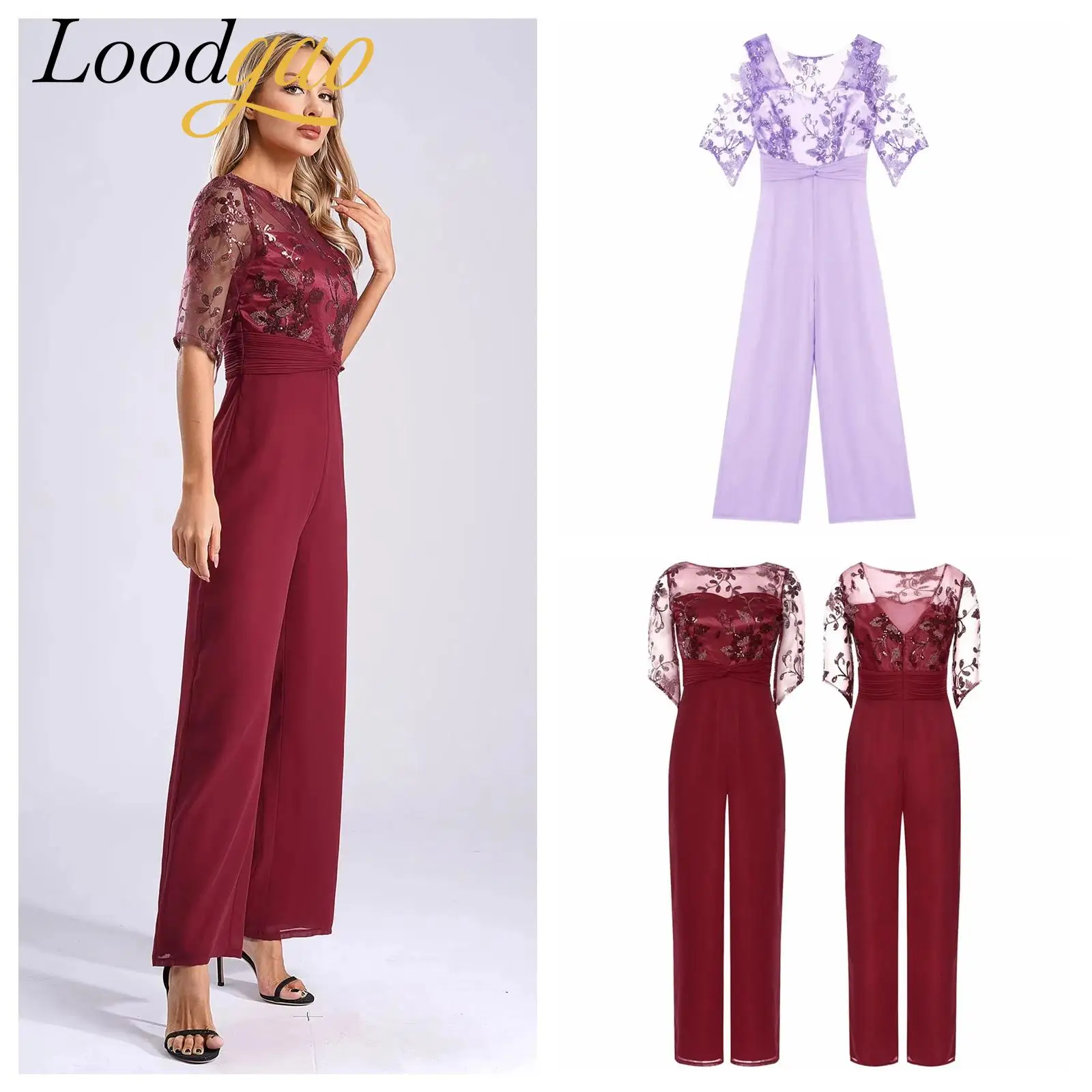 

Women's Jumpsuit Elegant Wedding Jumpsuit Long Glitter Suit Trouser with Sequins Flowers Party Festive Evening Cocktail Outfit