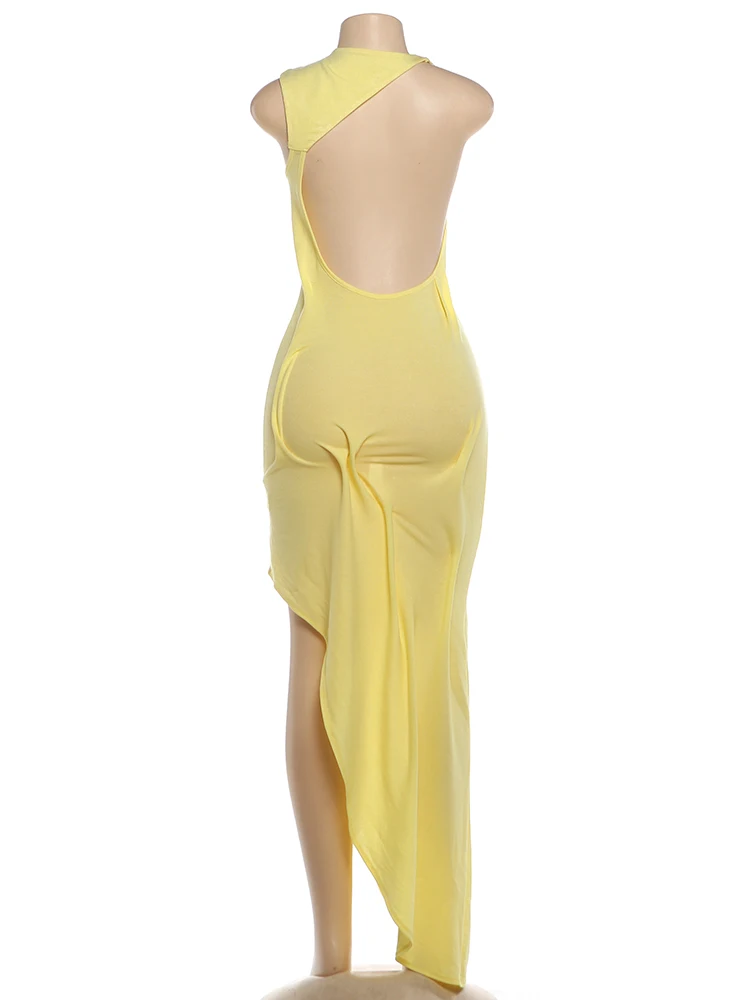 Sisterlinda Trend Mode Sexy Langes Kleid Damen Rückenfrei O-Ausschnitt Ärmellos Unregelmäßiger Saum Urlaub Gerafftes Elegantes Kleid – Detail 5