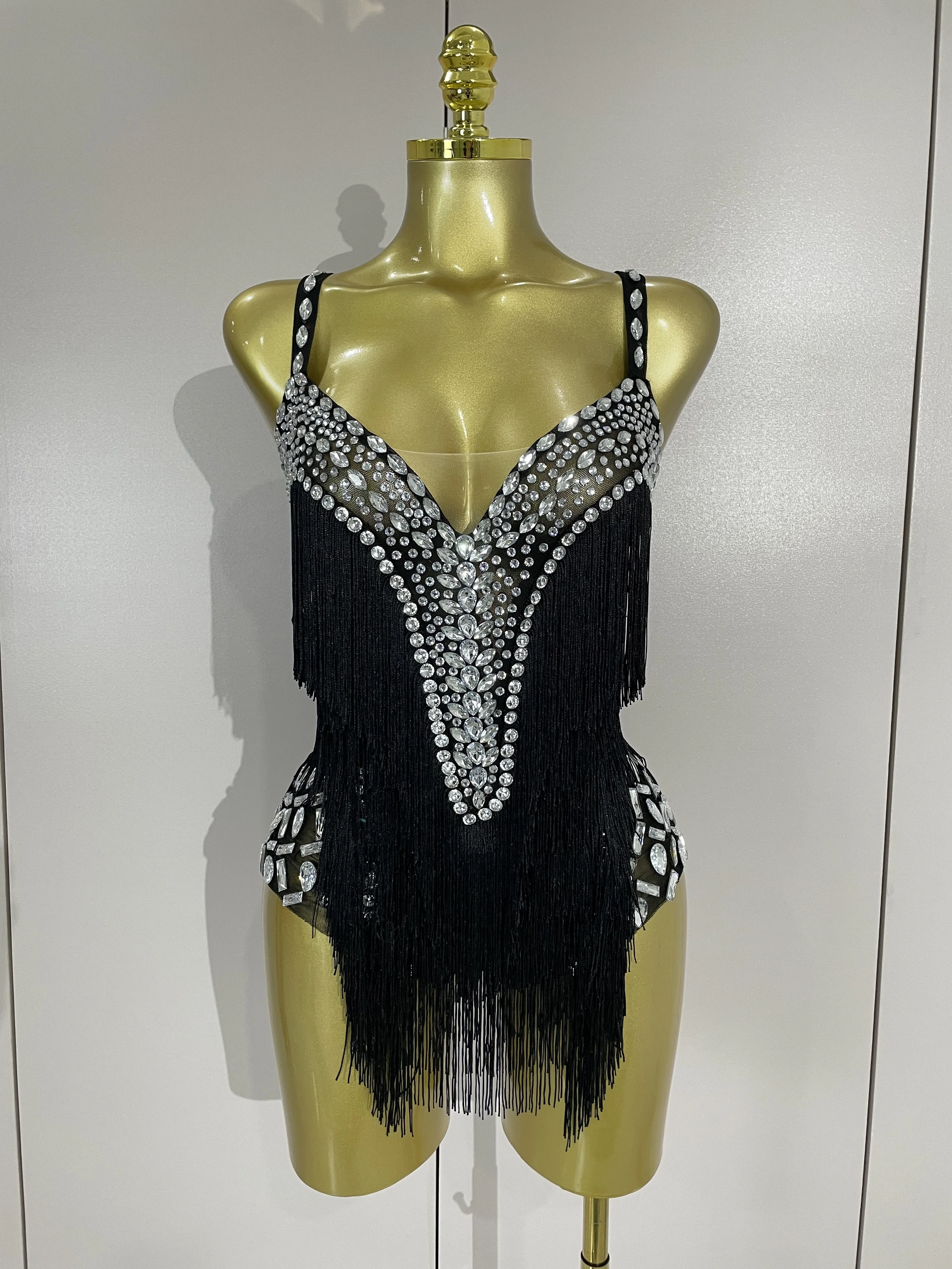 Sexy Sparkly Rhinestones Tassels Black V Neck Mesh Bodysuit Women Eveing Party Nightclub Performance Dancer Show Stage Costumes