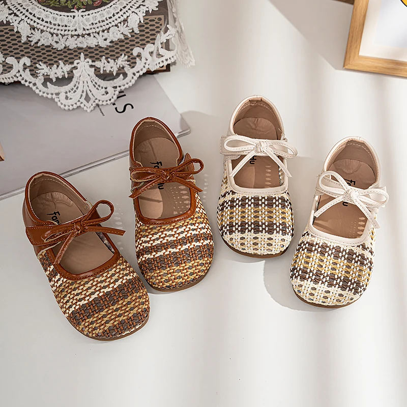 Girls Weave Mary Jane Shoes Kids Retro Flats Princess Shoes with Bow-knot Soft Sole Breathable Non-slip Children Casual Shoes