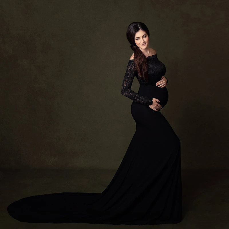 

Maternity Dresses Photo Shoot Baby Shower Women Pregnant Straight Neck Black Lace Long Sleeved Chiffon Tail GrossesseVestidos