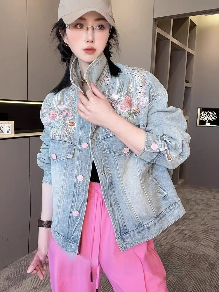 Women's 2025 Spring New Fashion Embroidered Single-breasted Tops Feminine Long-sleeve Denim Jackets Ladies Beautiful Denim Coats