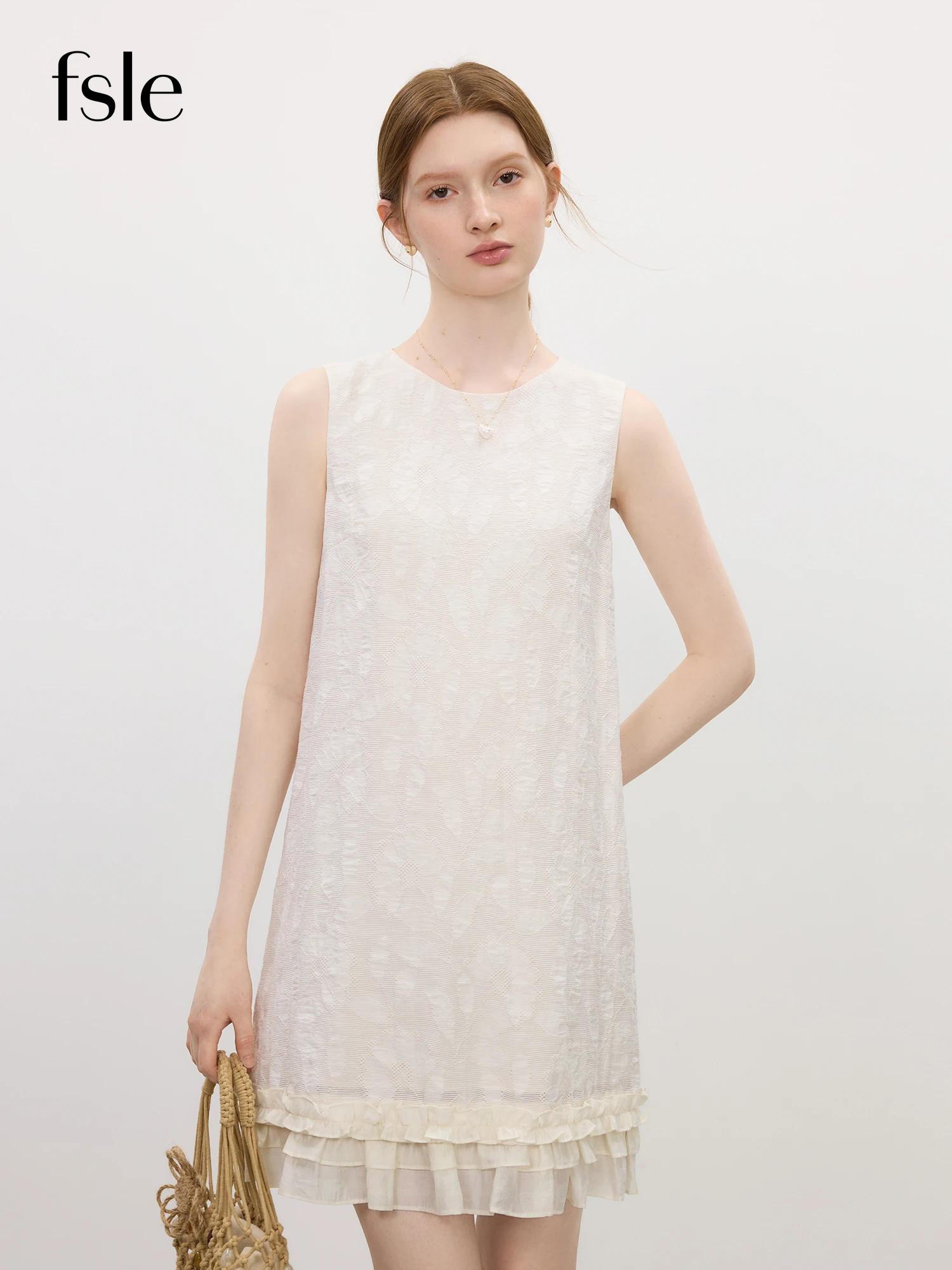 

​FSLE Summer 2025 Textured A-Line Dress - Fluid Hem Sleeveless Round Neck Midi Resort to Office​