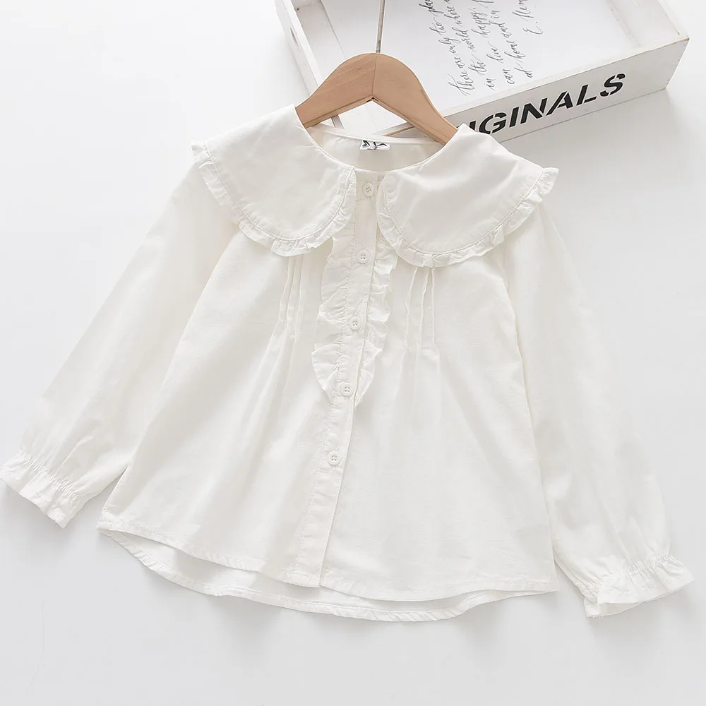 

2026 Spring Girls Shirt New, Lotus Leaf Collar College Soft Cotton Long Sleeve Casual