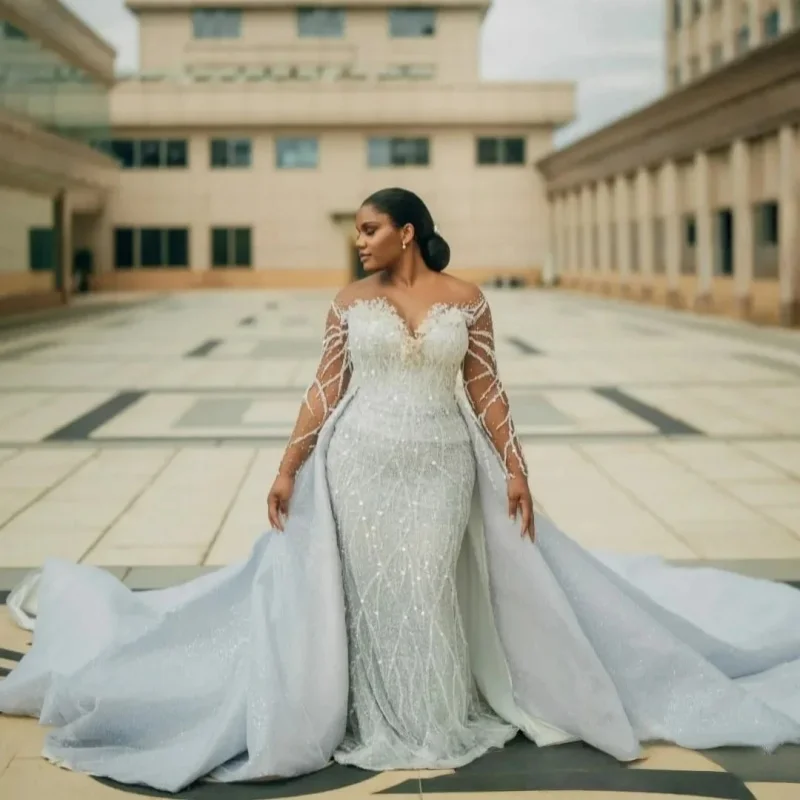 

Индивидуальное свадебное платье больших размеров Aso Ebi 2026, свадебные платья, иллюзия, русалка, длинные рукава, кружево из бисера, съемный шлейф