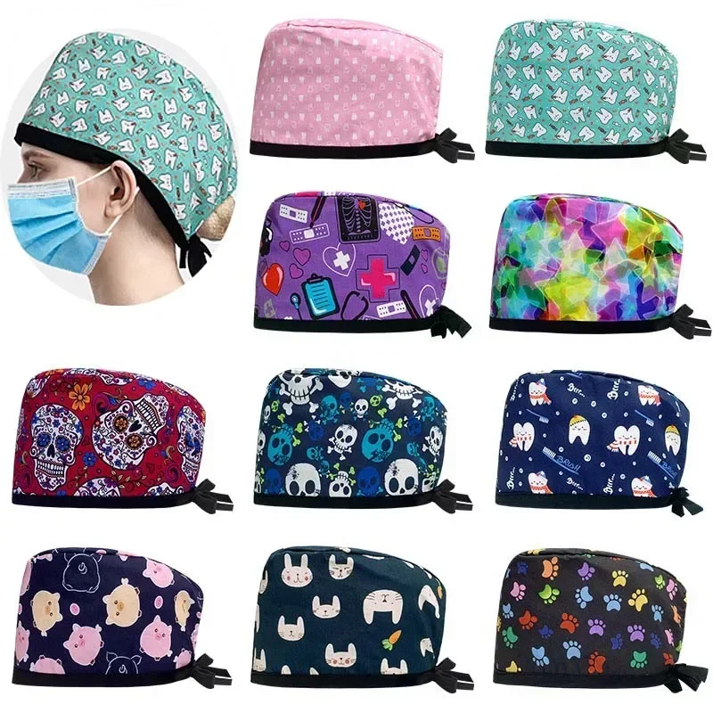 Doctor Operating Room Pattern Printed Skeleton Nursing Head Cap Lab Scrub Pet Hospital Surgical Hat Unisex Dentist Scrub 2023