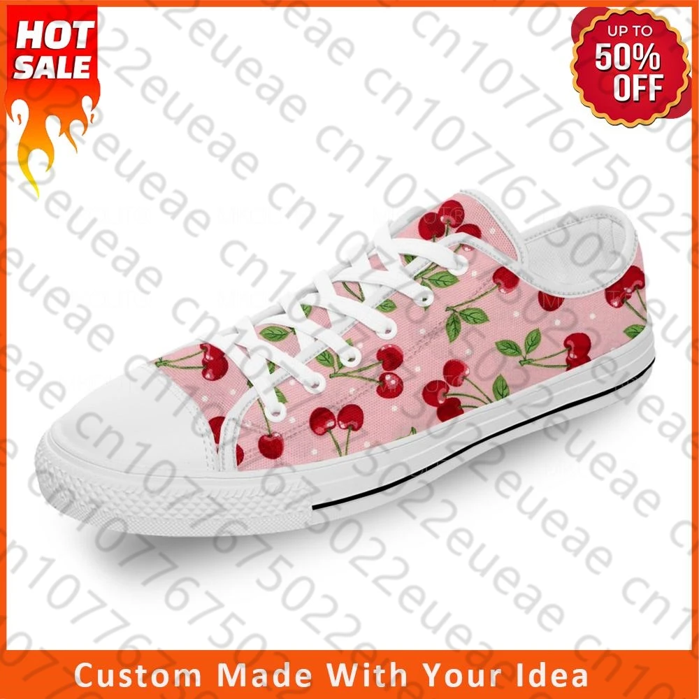 Kirsch muster Cartoon niedlichen lustigen weißen Stoff Mode 3D-Druck Low-Top-Leinwand Schuhe Männer Frauen leichte atmungsaktive Turnschuhe