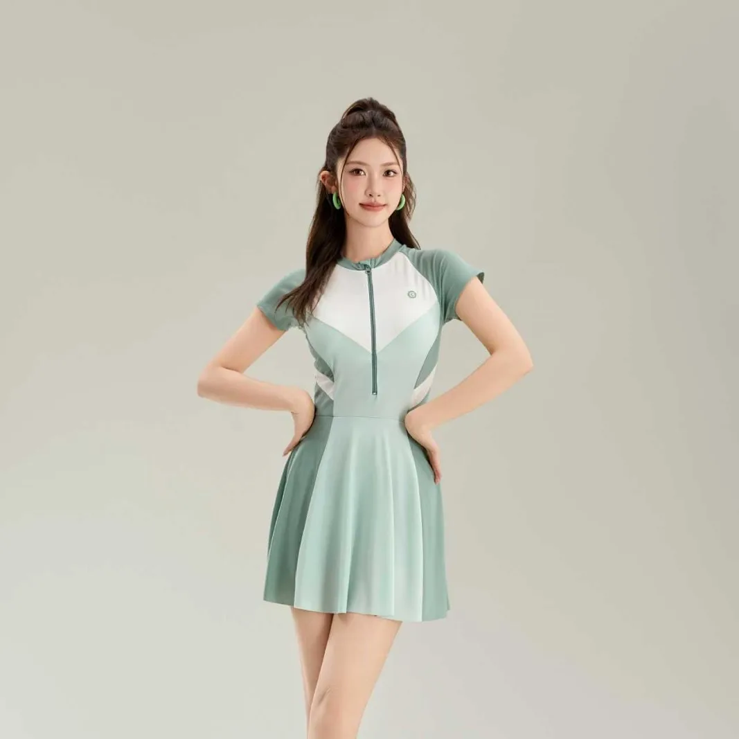 

New Sports One-piece Fashionable Swimsuit for Women, Color Blocked High Waist, Belly Covering, Slimming Skirt, Vacation Swimsuit