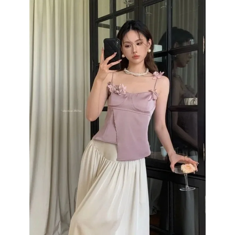 Women's Dusty Pink Satin Spaghetti Strap Top with 3D Flower Decor Beige Long Skirt Two-Piece Elegant Outfit