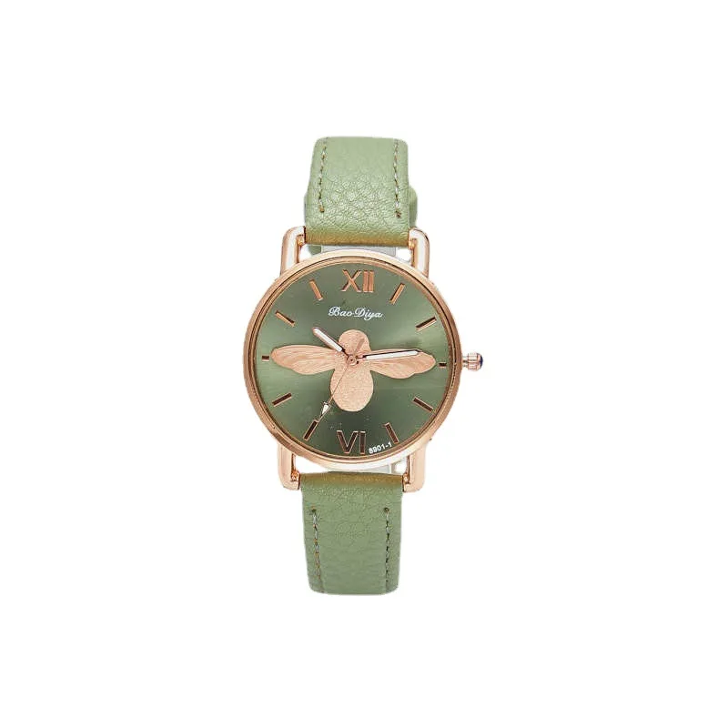 Montres vintage en cuir vert pour femmes, montres-bracelets de luxe pour dames, horloge à quartz pour femme, design simple petite abeille, mode