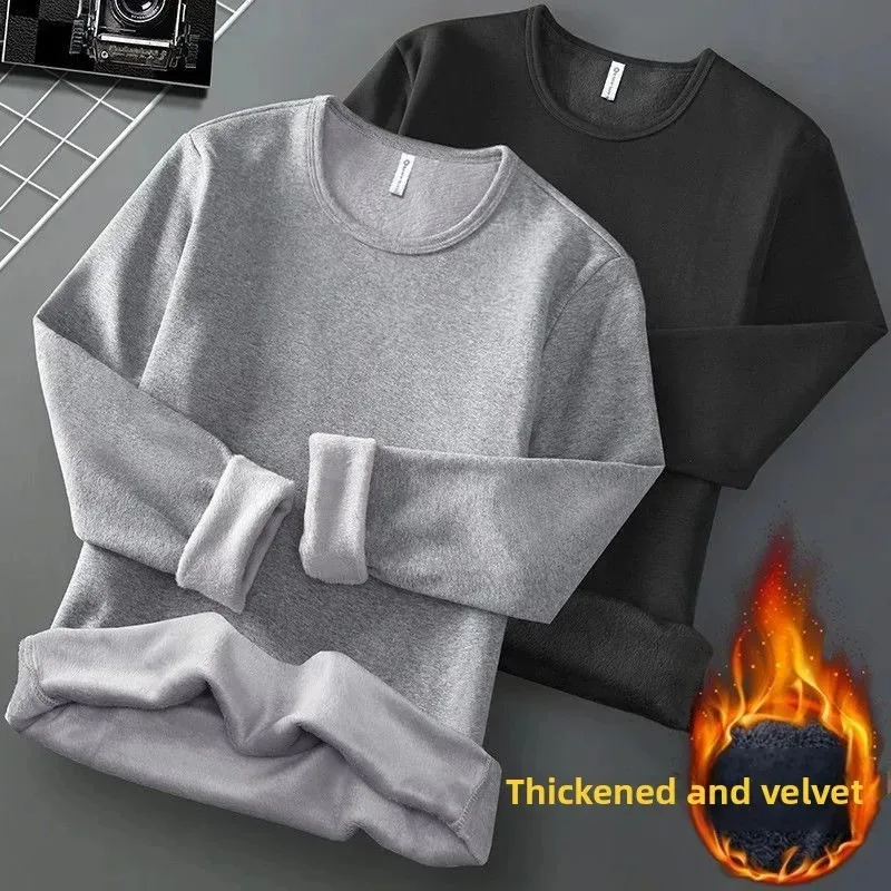 Winter Men's Long Sleeve T-shirt Fleece Lined Thickened Non-flammable Velvet Warm Round Neck Base Shirt Casual Breathable Tees