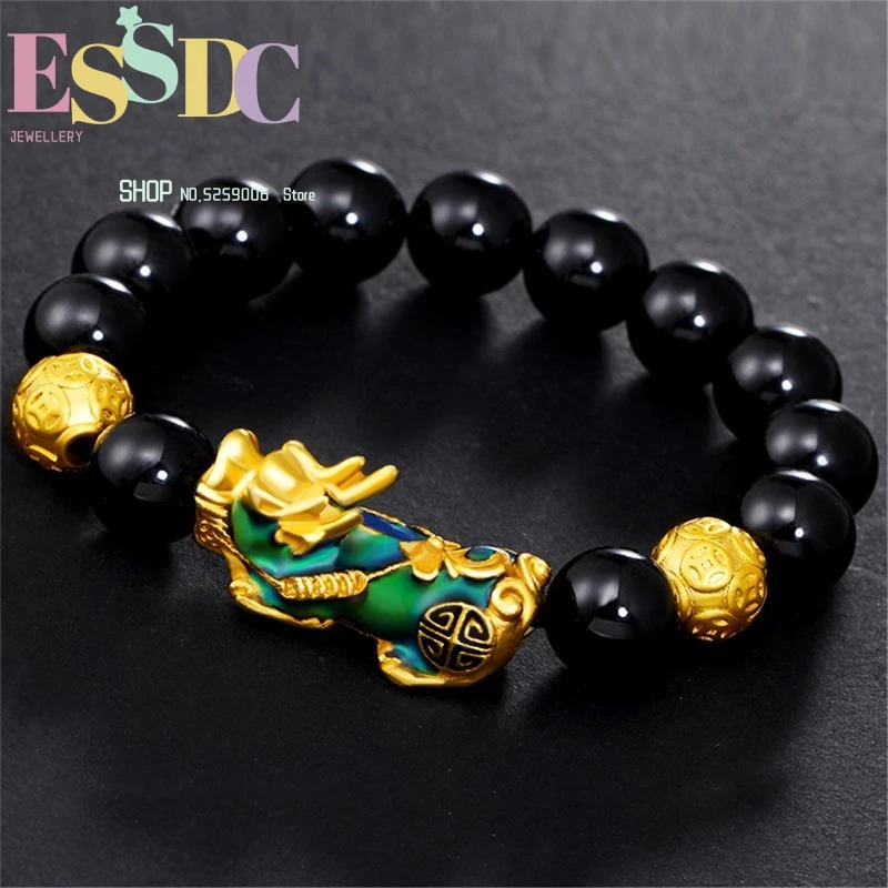 12mm Natural Energy Black Onyx Hand  Fancy Thermochromic Pixiu Charm Bracelets DIY Beads Women or Men's Jewelry