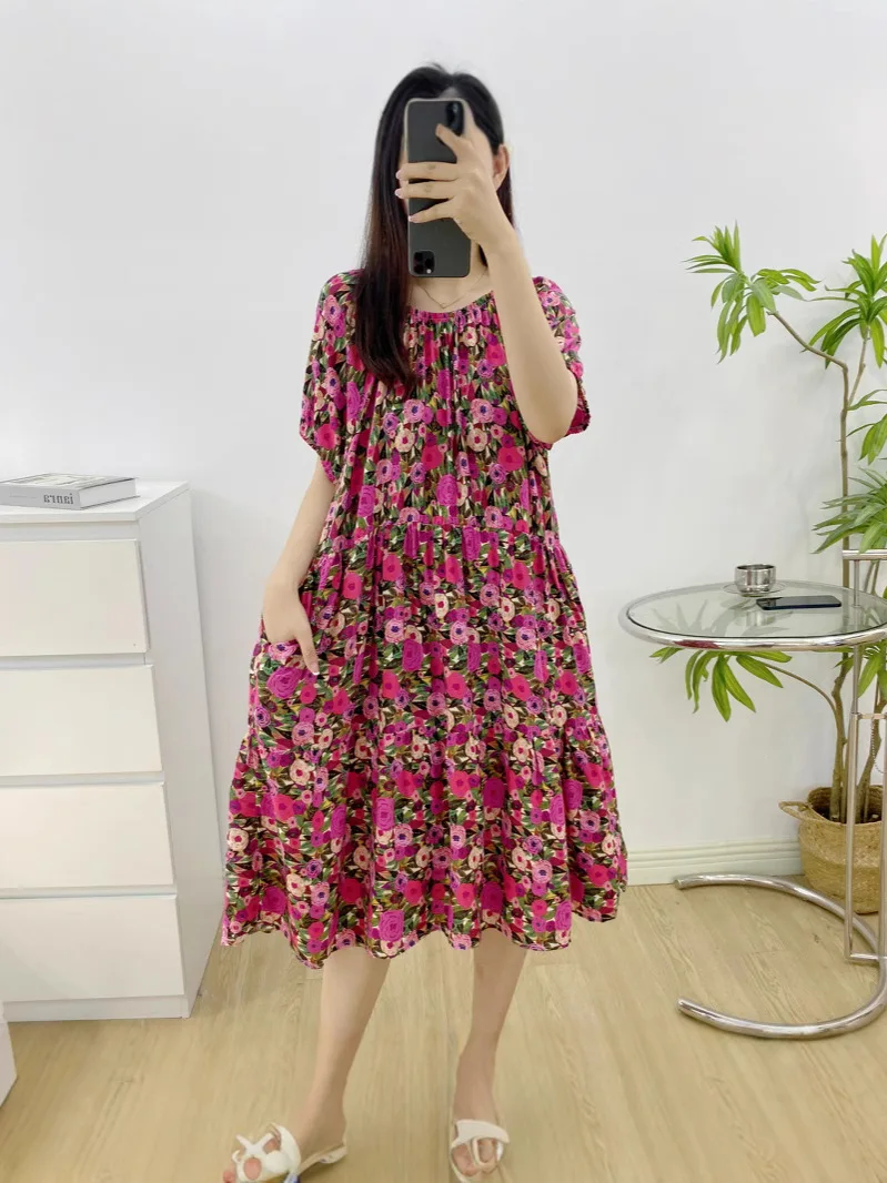 

Women's Floral Print Simple Versatile Round Neck Color-Blocking Loose Fit A-Line Below-Knee Puff Sleeve Short Dress