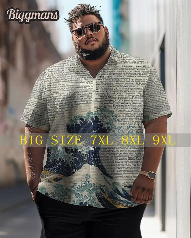 Biggmans L-9Xl For Men's Shirt Clothing Summer Hawaii Beach Vintage Newspaper Ukiyo-E Pattern Large Big and Tall Plus Size Top