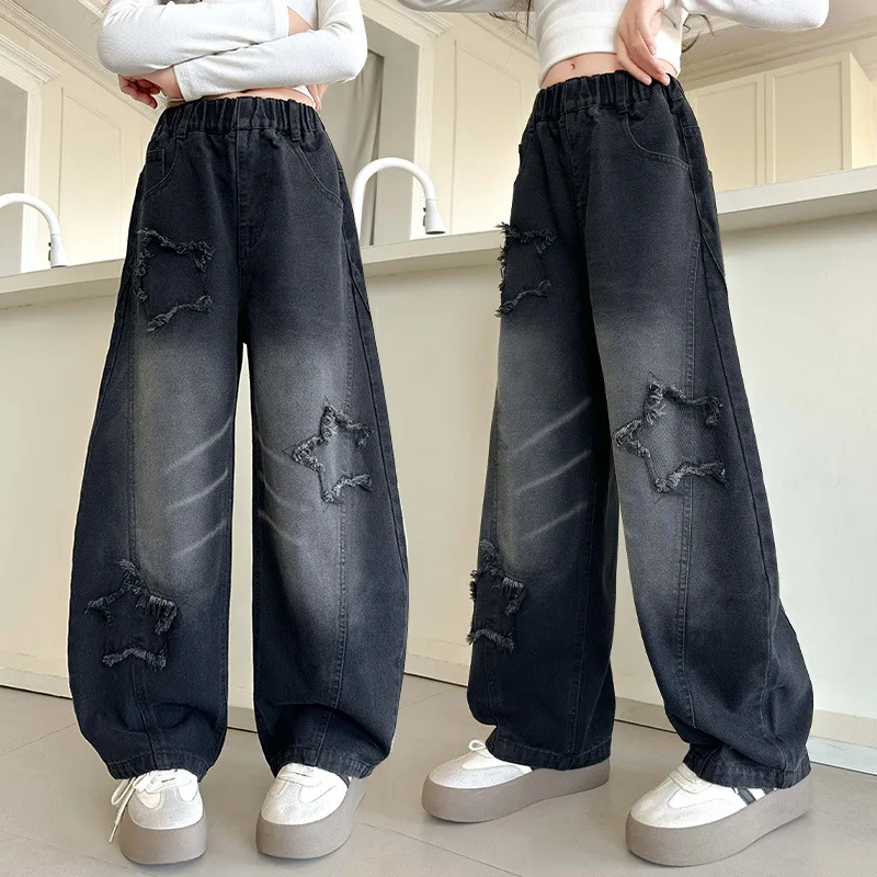 New 2025 Autumn Teenager Girls Jeans Five-Pointed Star Wide Leg Long Pants Baggy Denim Trousers for Kids 4 5 6 7 8 9 10 11 12 14