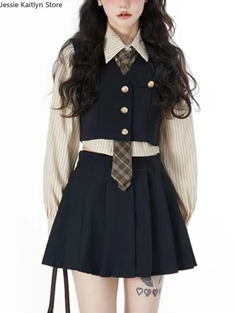 Japanese Style Kawaii School Uniform Korean Cute Girl Anime Cosplay JK Uniform 2023 Autumn Knitting Vest and Pleated Skirt Sets