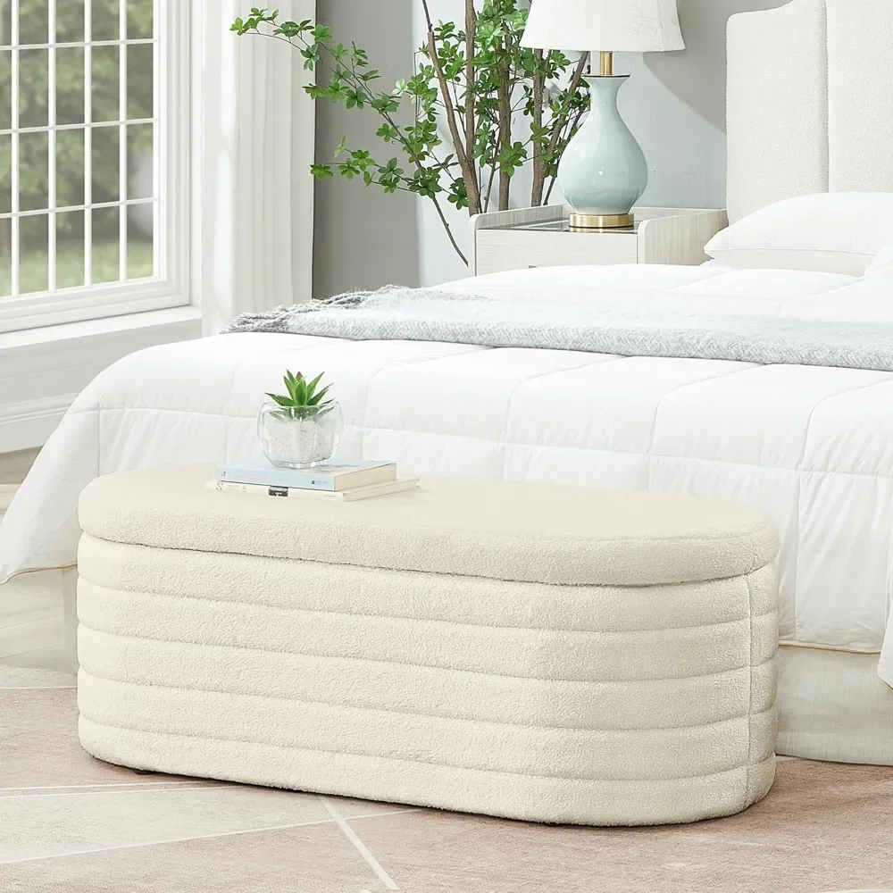 

Storage Bench, Upholstered Oval Ottoman, End of Bed Stool with Safety Hinge for|Bedroom, Living Room, Entryway