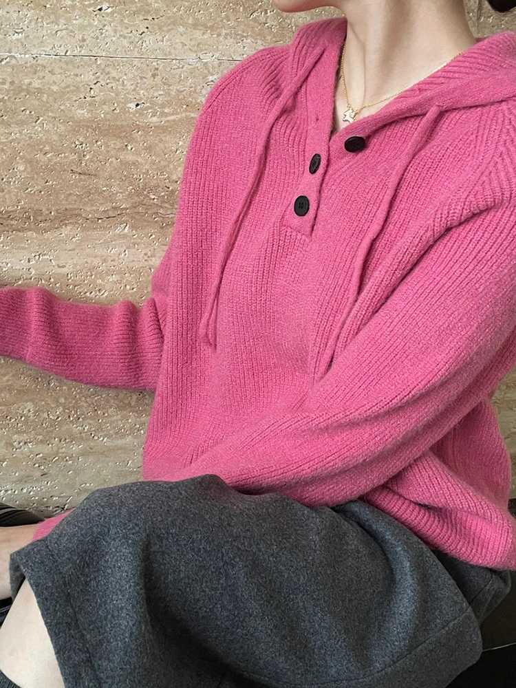 Różowy duży rozmiar swobodny sweter dziergany z kapturem z długim rękawem damskie swetry nowa moda fala wiosna jesień