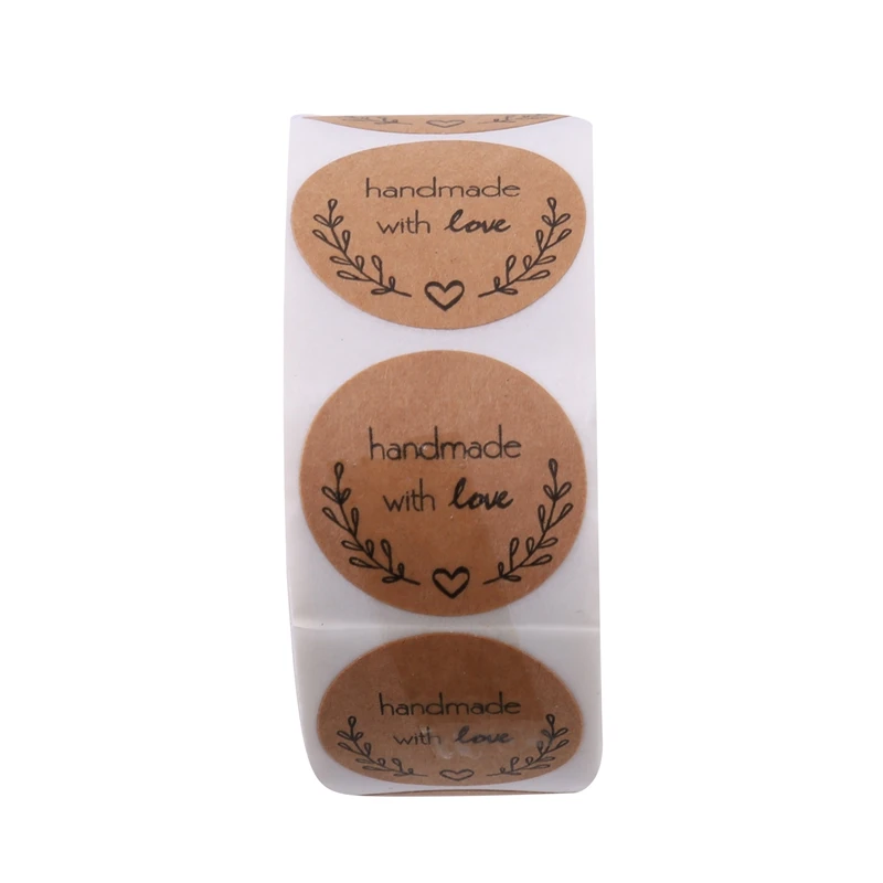 1 Inch Ronde Natuurlijke Kraft Olijftak Handgemaakt Met Liefdesstickers/500 Labels Per Rol