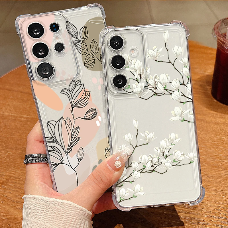 Flower Leaf Pattern Clear Phone Case For Samsung Galaxy A57 A37 A17 A56 A16 A55 A36 A26 A15 A35 A54 A53 5G Shockproof Soft Cover